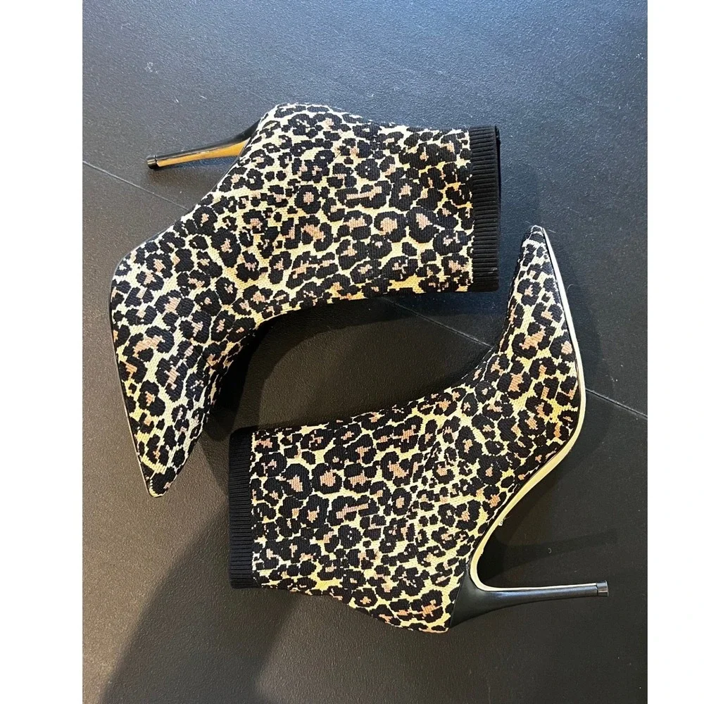 Something Navy Leopard Print Knit Sock Booties Pointed Toe Stiletto Heels Size 9